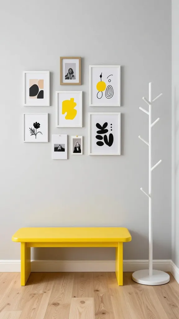 A high-quality, realistic photo capturing a playful and energetically organized entryway, inspired by modern Ikea aesthetics. The backdrop features clean, light gray walls and a light oak floor. A small, sleek bench in a vibrant sunny yellow serves as a focal point. Above it, an artfully arranged gallery wall displays a whimsical collection of abstract art prints, playful illustrations, and personal photographs in various frame sizes and colors, some subtly incorporating yellow accents. Adjacent to the bench, a unique, sculptural coat rack with a minimalist, geometric design in matte white adds an artistic touch. The space is bathed in soft, natural light, emphasizing the cheerful and inviting atmosphere. No text on images.