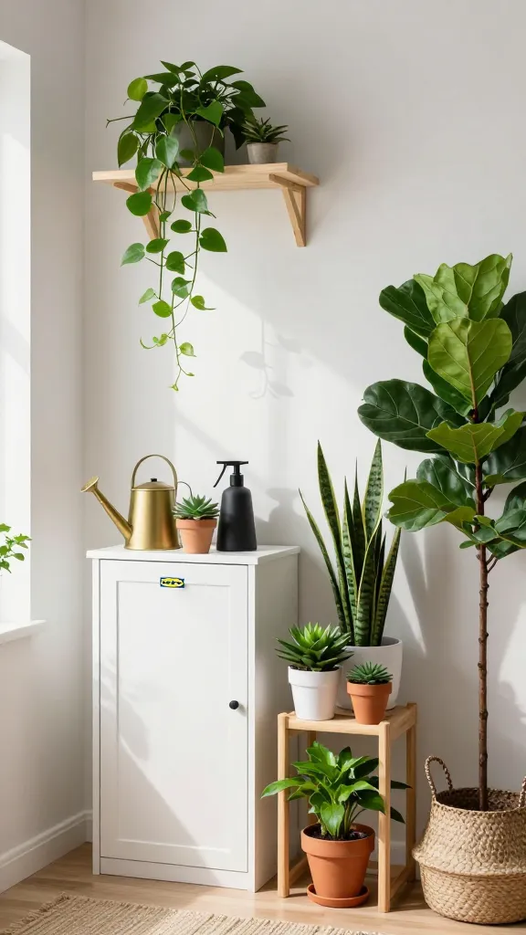 A high-quality, realistic photograph of a modern, inviting IKEA entryway, bathed in soft, natural light streaming from a nearby window. The space exudes a "Green Thumb's Greeting" atmosphere, brimming with lush, diverse greenery. A white IKEA TRONES shoe cabinet serves as a minimalist base, topped with a stylish brass watering can and a sleek, matte black plant mister, nestled among smaller potted succulents in natural terracotta pots. Above, a light wood IKEA LACK floating shelf supports cascading Pothos and trailing Ivies, their leaves gracefully draping downwards. To the side, a multi-tiered natural wood plant stand (reminiscent of IKEA SATSUMAS) holds a variety of plants in different sized terracotta and white ceramic pots, including an upright Sansevieria (Snake Plant) and a vibrant ZZ plant. A larger, leafy plant like a Fiddle Leaf Fig or a similar statement plant in a woven basket sits on the floor beside the plant stand. The walls are a clean, neutral white, and the flooring is light wood, complemented by a natural fiber rug. The overall aesthetic is organized, refreshing, and effortlessly welcoming, showcasing functional IKEA elements seamlessly integrated with abundant nature. No text.