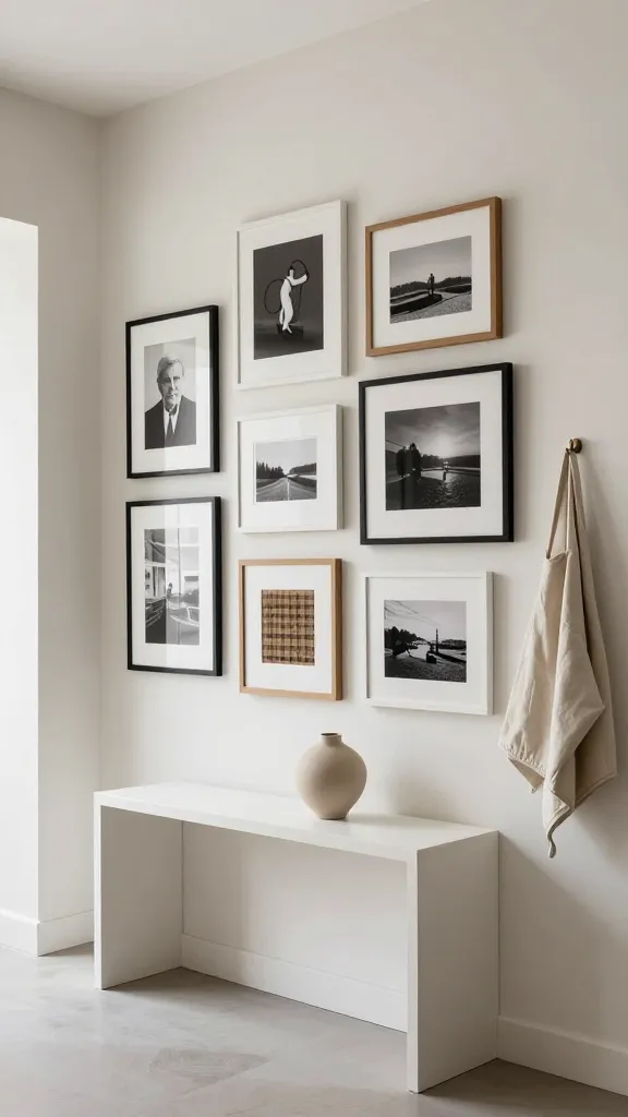 A high-quality, realistic photograph capturing a modern, minimalist entryway transformed into an art gallery. The focal point is a meticulously curated gallery wall covering a significant portion of a clean, light-colored wall. This gallery wall features a diverse collection of framed art prints, black and white photographs, and a small framed textile, presented in various sizes and frame styles including slim black, white, and natural wood, arranged thoughtfully for visual harmony. Below the gallery wall, a sleek, understated console table with clean, functional lines (suggesting an Ikea aesthetic, in a white or light wood finish) is positioned. A single, elegant sculptural object, such as a matte ceramic vase or an abstract sculpture in a neutral tone, rests centrally on the console. To the side, discreet, minimalist wall hooks are subtly integrated into the wall, holding a single, simple, light-colored jacket or a canvas tote bag. The space is bathed in soft, natural light, emphasizing an effortlessly organized and sophisticated atmosphere where art is the undisputed star. No text on images.