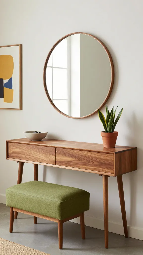A realistic, high-quality photo of a Mid-Century Modern entryway, showcasing an effortlessly organized space. The focal point is a low-slung, minimalist console table made of warm teak wood, featuring two sleek, handleless drawers and distinctive tapered legs. Centered above the console is a large, round mirror with a thin, elegant walnut frame. To one side, a small, upholstered bench in a muted avocado green fabric, also with tapered wooden legs, provides a functional seating element. On the console, a simple, sculptural ceramic bowl in a neutral tone holds keys, alongside a small, vibrant snake plant in a terracotta pot. The wall behind is painted in a soft, off-white, complemented by a single abstract art print with geometric shapes in mustard yellow and muted blues. Natural light from an unseen window gently illuminates the scene, highlighting the clean lines, warm wood tones, and sophisticated, retro-cool vibe. No text on images.