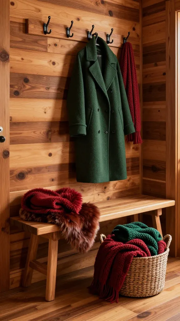 A high-quality, realistic photo of a rustic cabin-style entryway, designed to feel effortlessly organized and inviting. The focal point is a sturdy, clean-lined wooden bench, characteristic of modern functional furniture, positioned against a wall with warm, natural wood paneling. A luxurious faux fur throw, in a deep red or rich brown, is draped casually over one end of the bench. Above the bench, a row of dark, cast-iron style metal hooks holds a thick, forest green woolen coat and perhaps a chunky knit scarf. On the floor beside the bench, a generously sized woven basket is filled with an assortment of cozy, chunky knit blankets in a palette of deep reds, forest greens, and earthy browns. The space is illuminated by soft, warm lighting, casting a snug glow and highlighting the natural textures of the wood, knits, and fur. The floor is a warm-toned hardwood, contributing to the overall cozy cabin retreat ambiance. No text on image.
