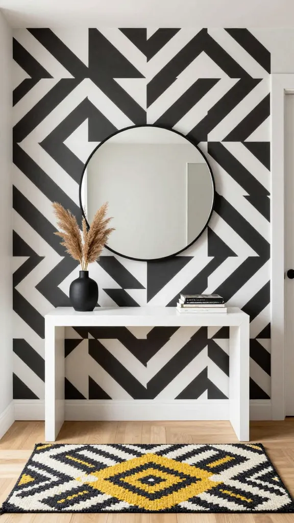 A modern entryway featuring a bold geometric statement. The main wall is adorned with a striking black and white large-scale geometric patterned wallpaper, such as tessellating triangles or chevrons. Against this wall stands a sleek, minimalist white console table, reminiscent of IKEA design. Above the console, a large, round mirror with a thin, bold black frame is perfectly centered. On the light wooden floor, a flat-weave rug with a strong geometric pattern in black, white, and a vibrant mustard yellow accent color adds visual interest. The console table is styled simply with a black ceramic vase holding a single dried pampas grass stalk and a small stack of design books, conveying an effortlessly organized feel. The overall color palette is predominantly black, white, and grey, with mustard yellow as the sole accent. Bright, natural daylight illuminates the space, creating soft shadows and highlighting textures. High-quality, realistic interior photography, wide-angle shot, sharp focus, inviting atmosphere. No text on image.