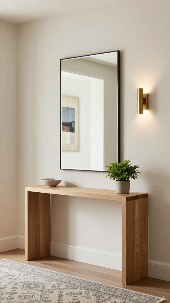 A high-quality, ultra-realistic photograph of a sophisticated entryway, embodying transitional elegance. The space features a classic-style console table with clean, minimalist lines, crafted from light oak wood, positioned against a warm off-white wall. Above the console, a large, elegant rectangular mirror with a thin, simple black metal frame is centrally placed. To one side of the mirror, a modern abstract art piece with a subtle blend of muted blues, grays, and creams adds a contemporary touch. A sleek, contemporary wall sconce with a brushed brass finish casts a soft, inviting glow. On the floor, a traditional patterned rug in muted grey and cream tones with a subtle geometric design grounds the space. The console table is styled with a simple ceramic bowl for keys and a small, vibrant green potted plant, providing a subtle pop of color. The overall aesthetic is effortlessly organized, timeless, and refined, illuminated by soft, natural light entering from an unseen source. No text.