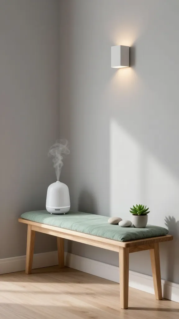 A high-resolution, realistic photo of a serene and minimalist entryway designed in a spa aesthetic, featuring an uncluttered, light natural wood Ikea bench with clean lines, topped with a soft, muted green linen cushion. The walls are painted in a soft, warm grey. On the bench, a sleek, white essential oil diffuser gently emits a subtle mist, flanked by a few smooth, light grey river stones and a small, vibrant green potted succulent in a simple ceramic pot. Soft, ambient natural light streams in, creating gentle shadows, complemented by a discreet, minimalist Ikea wall sconce providing a warm, indirect glow. The flooring is light-colored, natural wood. The scene conveys a sense of calm, organization, and effortless rejuvenation. No text.