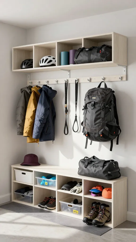 A high-quality, realistic photograph of a highly functional "Active Lifestyle Drop Zone" entryway. The scene features a robust, modular IKEA-inspired storage system dominating a wall, consisting of durable open shelving units in a clean, neutral finish (e.g., white or light wood veneer). These shelves are efficiently packed with various active gear: cycling helmets, hiking backpacks, yoga mats, and sports bags, all easily accessible. Below the shelves, a series of extra-strong, minimalist wall hooks (like IKEA TJUSIG) are mounted, holding heavy winter coats, a dog leash, and a large duffel bag. Integrated practical, durable bins (some opaque, some clear, like IKEA SAMLA boxes) are neatly arranged on lower shelves and tucked underneath, containing smaller items such like gloves, hats, and pet supplies. The floor is kept clear and tidy, with a couple of pairs of running shoes and hiking boots neatly lined up on a durable floor mat below the main unit. The overall aesthetic emphasizes efficiency, durability, and vertical organization, designed to withstand daily wear and tear. Bright, natural daylight streams in, casting soft shadows and highlighting the practical, organized nature of the space. No text on image.