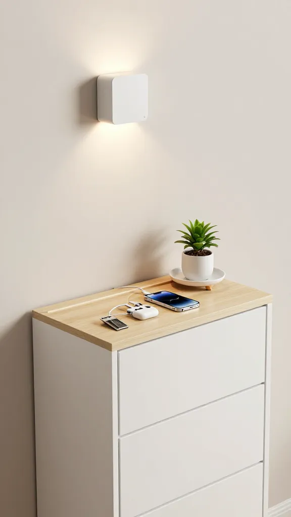 A high-quality, realistic photo of a modern, organized Ikea-style entryway. A sleek, light wood or matte white console table stands against a clean, neutral-toned wall. The table features minimalist drawers and a clever, discreet flip-top compartment that reveals a hidden power strip with neatly plugged-in charging cables for a smartphone and earbuds, emphasizing seamless tech integration. Above the console, a contemporary, smart LED wall sconce emits a soft, inviting light, subtly suggesting its adaptive capabilities. A small, elegant catch-all tray for keys and a minimalist plant are the only visible items on the table, maintaining an uncluttered, functional aesthetic. The overall scene conveys effortless organization and smart convenience.