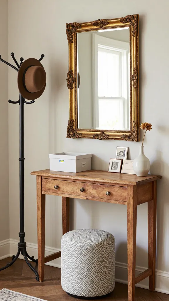 A high-quality, eye-level photograph of a thoughtfully designed and effortlessly organized entryway, showcasing a harmonious blend of new IKEA pieces and charming vintage finds. A vintage-inspired wooden console table, possibly an IKEA hack with a distressed, warm wood finish, serves as the focal point against a light, neutral wall. Above it hangs a large, ornate vintage gold-framed mirror, reflecting soft, natural light from an unseen window. To the left of the console, a freestanding antique-style black metal coat rack with intricate details holds a single, elegant vintage hat. Tucked neatly beneath the console is a quirky, upholstered stool with a geometric pattern, adding a pop of individuality. On the console surface, a small, sleek IKEA storage box in a matte white finish provides a neutral backdrop for a curated display of framed old postcards and a delicate ceramic vase with a single dried flower. The overall aesthetic is warm, inviting, and exudes a unique, lived-in character, demonstrating clever organization within a personalized vintage setting.