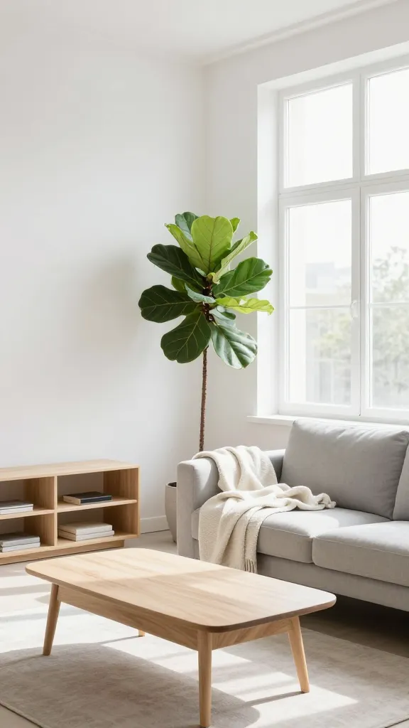 A bright and airy small apartment living area, designed in a Scandinavian minimalist style. Abundant natural light streams in through a large window, illuminating the space. The color palette is dominated by crisp whites, soft greys, and warm beige accents. Furniture includes a clean-lined, light wood coffee table, a simple light grey sofa adorned with a cozy, textured off-white throw blanket, and a functional, low-profile light wood shelving unit. A vibrant, healthy fiddle leaf fig plant stands tall in a simple pot, adding a touch of natural beauty. The overall atmosphere is serene, uncluttered, and feels surprisingly expansive, showcasing functionality and natural elegance. High-resolution, realistic photo, no text.