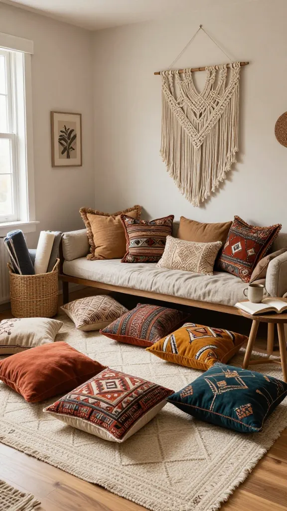 A realistic, high-quality photograph of a meticulously styled, cozy small living room within a budget apartment, embodying a boho-chic retreat aesthetic. The room features a base of warm neutral walls and light wood flooring, creating an inviting canvas. Dominating the floor is a plush, cream-colored Moroccan shag rug with subtle diamond patterns, layered generously with an assortment of oversized floor pillows in varied global-inspired patterns and rich, muted colors like terracotta, mustard, and deep teal. A low-profile, comfortable daybed or sofa, upholstered in a natural linen, is piled high with textured throw pillows in complementary earthy tones and intricate woven patterns. Above the seating area, a large, artisanal macrame wall hanging with long fringes or a vibrant, globally-inspired tapestry serves as a striking focal point. Nearby, a couple of hand-woven rattan baskets are thoughtfully placed, containing rolled-up woolen throws or magazines. A small, round wooden side table holds a ceramic mug and an open book, emphasizing the 'cozying up' vibe. Soft, diffused natural light filters in from a window, enhancing the rich array of layered textures and the overall lived-in, wanderlust-inspired atmosphere. The compact space feels rich, inviting, and thoughtfully designed. No text.