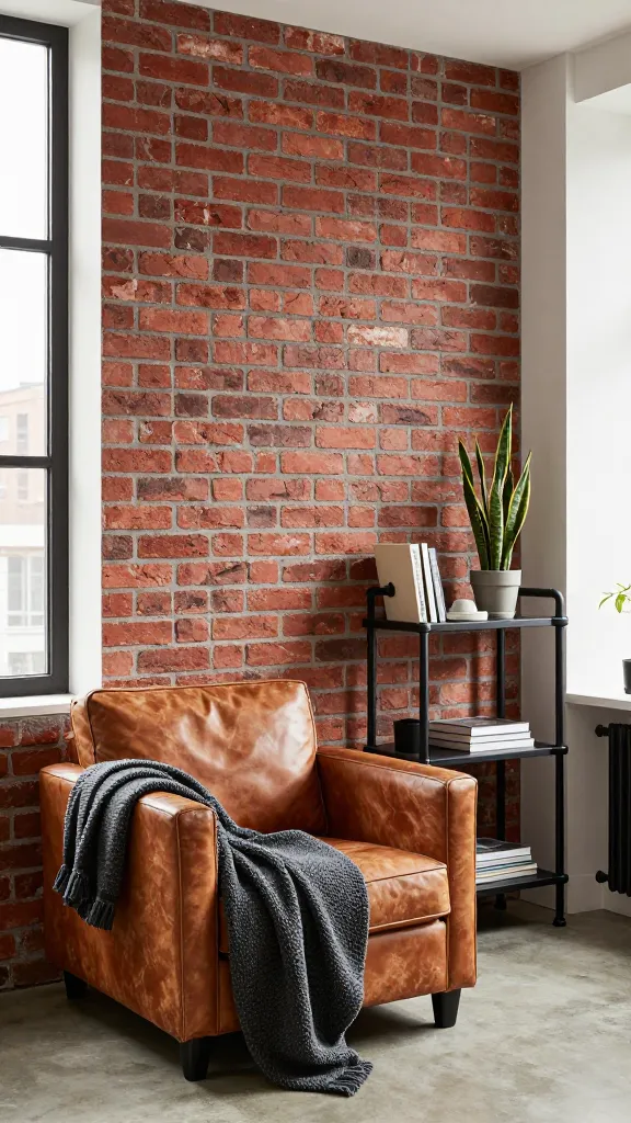 A realistic, high-quality photograph of a small, budget-friendly apartment living space designed with an industrial loft vibe. The main feature is an accent wall covered in realistic peel-and-stick red brick wallpaper, creating a rugged backdrop. In the foreground, a well-worn, distressed cognac leather armchair, clearly a thrift store find, is softened by a dark grey knit throw blanket. Next to it, a tall black metal pipe-style shelving unit displays a small potted snake plant, a few art books, and a minimalist concrete coaster. Natural light from a large window illuminates the space, highlighting the textures of the brick, leather, and metal. The floor is a light, polished concrete. The overall aesthetic is urban cool, blending strong, masculine elements with thoughtful styling to achieve a sophisticated, designer-approved look on a budget. No text.
