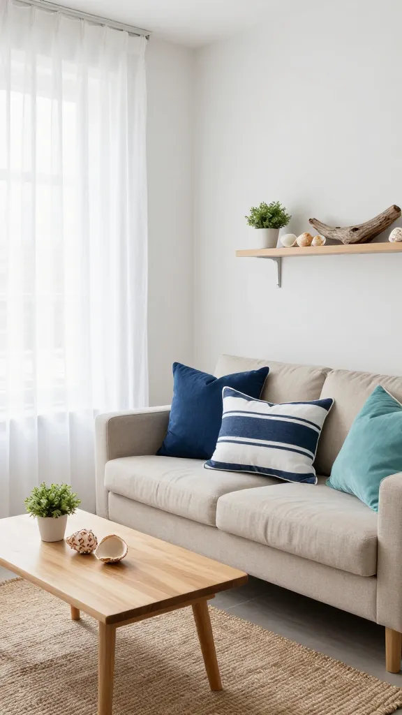 High-quality, realistic interior photograph of a small, budget-friendly apartment living space designed as a Coastal Calm Oasis. The room is bathed in abundant natural light, highlighting crisp white walls and sheer, breezy white linen curtains. A compact, comfortable sofa is upholstered in a light sandy beige, adorned with a mix of soothing navy blue and aqua-toned throw pillows, including one prominent navy and white striped design. A light natural wood coffee table sits on a soft, textured jute rug. On a nearby floating shelf or small console, carefully arranged collected seashells and a weathered piece of driftwood serve as elegant, natural accents. A small, simple potted green plant adds a touch of life. The overall atmosphere is tranquil, light, and airy, evoking a permanent seaside cottage vacation feeling, perfect for a refreshing escape from city life. Focus on natural textures like linen, cotton, and wood, creating a designer-approved yet accessible aesthetic.