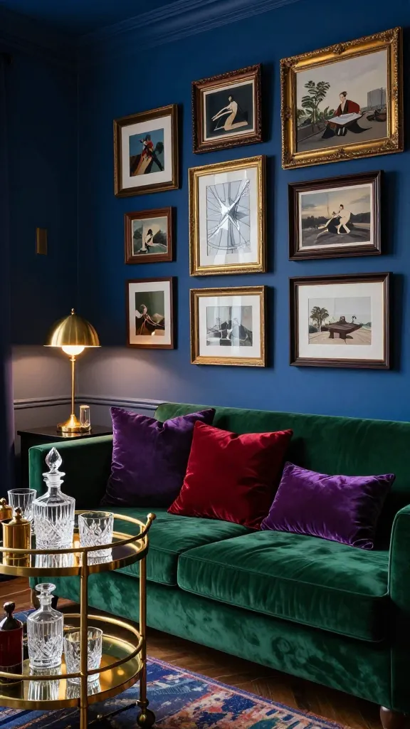 A high-quality, realistic photograph capturing the opulent and deeply personal atmosphere of a small apartment living room, meticulously designed in a Moody Maximalist Jewel Box style. The room is bathed in the soft, atmospheric glow of unique, sculptural brass lamps. Dominating the space is a luxurious emerald green velvet sofa, its rich texture inviting. Above the sofa, a meticulously curated gallery wall spans, densely adorned with an eclectic mix of art pieces housed in ornate, vintage-style brass and dark wood frames, creating a sense of curated abundance rather than clutter. To one side, a gleaming vintage brass bar cart is elegantly styled with crystal decanters and glassware, reflecting the warm light. The walls are painted a deep, saturated sapphire blue, providing a dramatic and sophisticated backdrop. Plush throw pillows in contrasting jewel tones like ruby and amethyst add further sumptuous texture and color. Every detail contributes to a treasure-chest like ambiance, exuding personality and luxury.