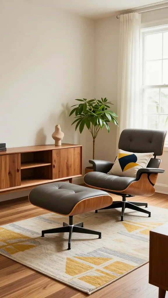 A high-quality, realistic photograph of a thoughtfully designed, budget-friendly small apartment living room with a Mid-Century Modern aesthetic. The space features warm wood tones and clean lines, creating a sophisticated yet inviting atmosphere. A sleek, budget-friendly Eames-style lounge chair in a muted charcoal grey with a matching ottoman is positioned near a window, allowing natural light to illuminate the room. Along an adjacent wall, a warm teak-look credenza with signature tapered legs displays a minimal arrangement of a small sculptural object and a vibrant green houseplant. The seating area is anchored by a low-pile area rug featuring a subtle geometric pattern in a palette of cream, mustard yellow, and soft grey. Throw pillows with bold, graphic geometric designs in complementary colors adorn the lounge chair, adding visual interest. The furniture is elevated on slender legs to enhance the feeling of space, showcasing a perfect blend of form and function in the compact area. No text.