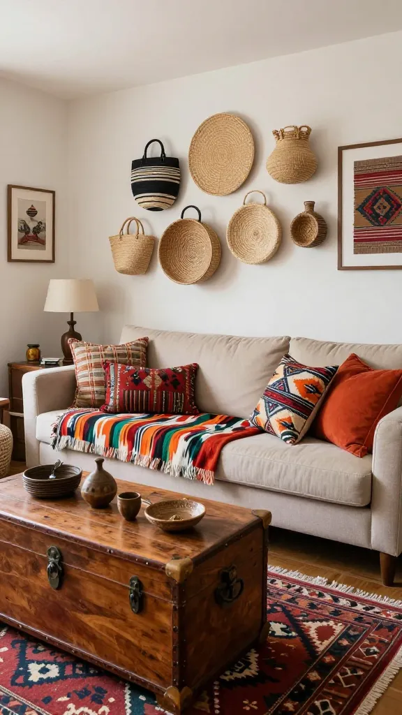 A high-quality, realistic photograph of a small, sunlit apartment living room, exuding an eclectic global traveler aesthetic. A clean-lined, light beige sofa is richly layered with a vibrant, patterned ikat throw blanket and an assortment of textured ethnic pillows. In front, a sturdy vintage wooden trunk functions as a coffee table, adorned with a few unique, handcrafted travel souvenirs. A wall displays a beautifully arranged collection of diverse woven baskets from different cultural regions, adding depth and texture. The room features a thoughtful mix of patterns and materials, from a kilim rug to framed textile art, all harmonized by a unifying palette of warm spice tones and natural wood accents. The overall impression is one of a personalized, story-filled space that looks designer-curated yet feels invitingly budget-conscious. Natural light, no text.