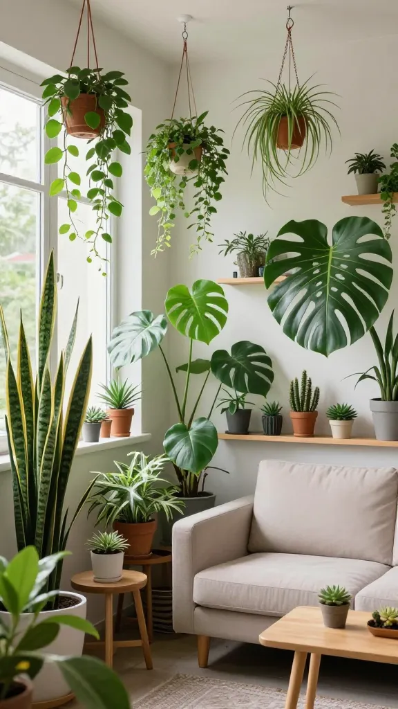 A high-quality, realistic photo capturing a cozy, small apartment living space transformed into an urban jungle sanctuary. The room is abundantly filled with a diverse collection of plants, creating a lush, vibrant environment. A tall snake plant stands elegantly in one corner, while a large monstera commands attention in another. Multiple hanging planters with trailing pothos and spider plants are strategically suspended from the ceiling, maximizing vertical space. Shelves and windowsills are artfully adorned with an assortment of small succulents and cacti, adding intricate detail. Bright, natural light floods the room, highlighting the rich green foliage against a backdrop of minimalist, budget-friendly furniture in neutral tones, such as a simple light-colored sofa and a small wooden coffee table. The overall atmosphere is serene, fresh, and inviting, showcasing a thoughtful, designer-approved feel.