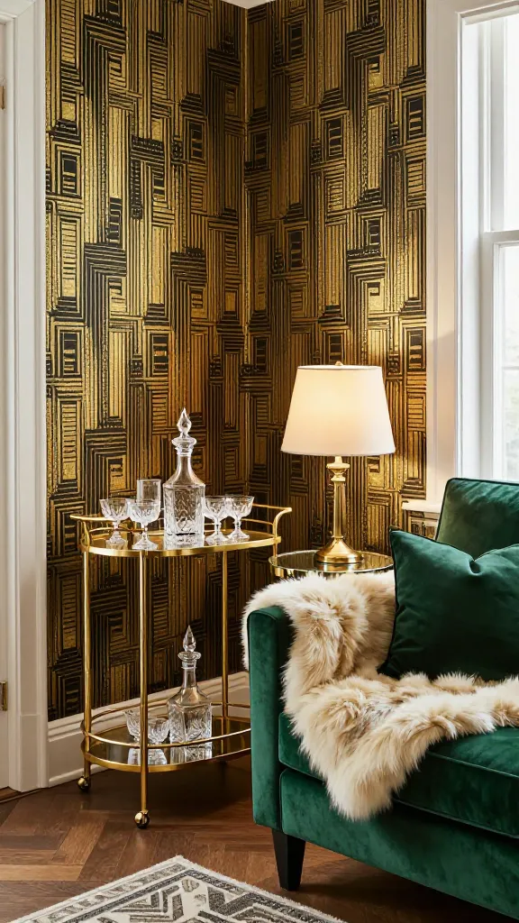 A high-quality, realistic photograph capturing a small apartment living room corner styled with Art Deco glamour. An accent wall is adorned with elegant peel-and-stick wallpaper featuring a sophisticated gold and black geometric pattern. In front of this wall, a sleek, compact gold bar cart is meticulously arranged with vintage-style crystal decanters and coupe glasses, reflecting the soft ambient light. Adjacent to the bar cart, a small, plush emerald green velvet armchair is draped with a luxurious cream faux fur throw and accented with a matching velvet cushion. A small round mirrored side table holds a vintage-inspired table lamp casting a warm, inviting glow. The overall scene exudes refined opulence and old-world charm within a compact, budget-friendly space, showcasing metallic accents and luxurious textures. Professional interior photography, sharp focus, natural light streaming from an unseen window.