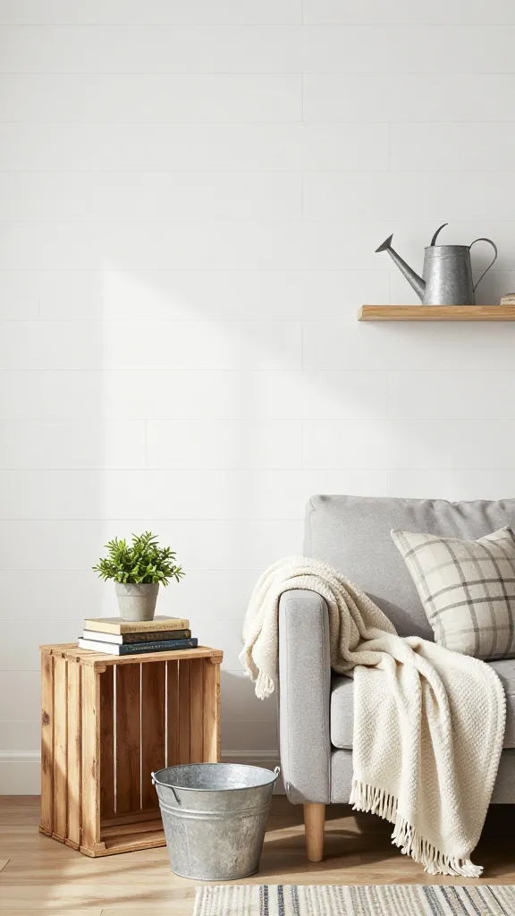 A high-quality, realistic photograph capturing a charming and cozy "Farmhouse Fresh" living area within a small apartment. A prominent feature wall is covered in crisp white peel-and-stick shiplap wallpaper, creating a clean backdrop. In front of it, a comfortable, light gray compact sofa or armchair is adorned with a soft, textured cream throw blanket and a simple plaid cushion, embodying modern comfort. A distressed light wood repurposed crate functions as a stylish side table, holding a small stack of books and a delicate potted plant. On the floor nearby, a rustic galvanized metal bucket serves as a chic magazine holder, while a decorative galvanized metal watering can sits on a floating shelf. Natural light streams in, highlighting the warm, inviting, and down-to-earth atmosphere, showcasing a budget-friendly design that looks sophisticated and designer-approved. No text on image.