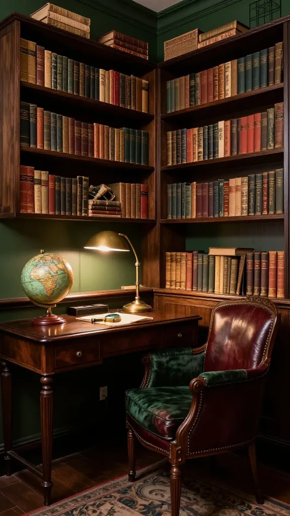 A high-quality, realistic interior photograph of a cozy, small apartment den meticulously designed in a Dark Academia style. The room is enveloped in a sophisticated palette of rich forest greens, deep burgundies, and warm cognac browns. Wall-to-wall dark wood shelves are densely packed with an eclectic collection of thrifted, aged books, creating an immediate sense of intellectual curiosity and history. A comfortable, antique-inspired armchair, upholstered in forest green velvet or deep burgundy leather, is positioned next to a compact dark wood writing desk. On the desk, a vintage globe and a magnifying glass with antique brass accents are thoughtfully displayed, illuminated by the warm glow of a brass desk lamp. The overall atmosphere is one of quiet luxury and cozy contemplation, evoking a timeless old library study nook within a budget-conscious small apartment. Soft, inviting light permeates the space, highlighting textures of wood and aged paper. No text.