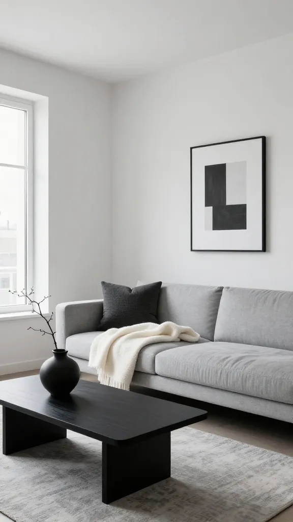 A wide-angle, high-resolution photograph of a small, modern living room within a compact apartment, showcasing a sophisticated monochromatic design. The space is dominated by a tight palette of crisp whites, various shades of light to charcoal greys, and subtle matte blacks. Natural light streams in from a window on the left, softly illuminating the room and highlighting diverse textures. A sleek, low-profile sofa in a light grey fabric is positioned against an off-white wall. Draped artfully over one arm of the sofa is a plush, creamy white boucle throw, accompanied by a charcoal grey ribbed throw pillow, adding tactile depth. In front of the sofa, a minimalist black coffee table with clean lines holds a smooth, matte black ceramic vase containing a single, sculptural dried branch. The floor is covered by a light grey area rug with a subtle, almost imperceptible geometric pattern. On the adjacent wall, a simple, framed abstract art piece in black and white complements the cohesive aesthetic. The overall atmosphere is one of intentional design, polished minimalism, and visual spaciousness, creating a chic and inviting feel. Professional interior photography, sharp focus, soft diffused lighting.