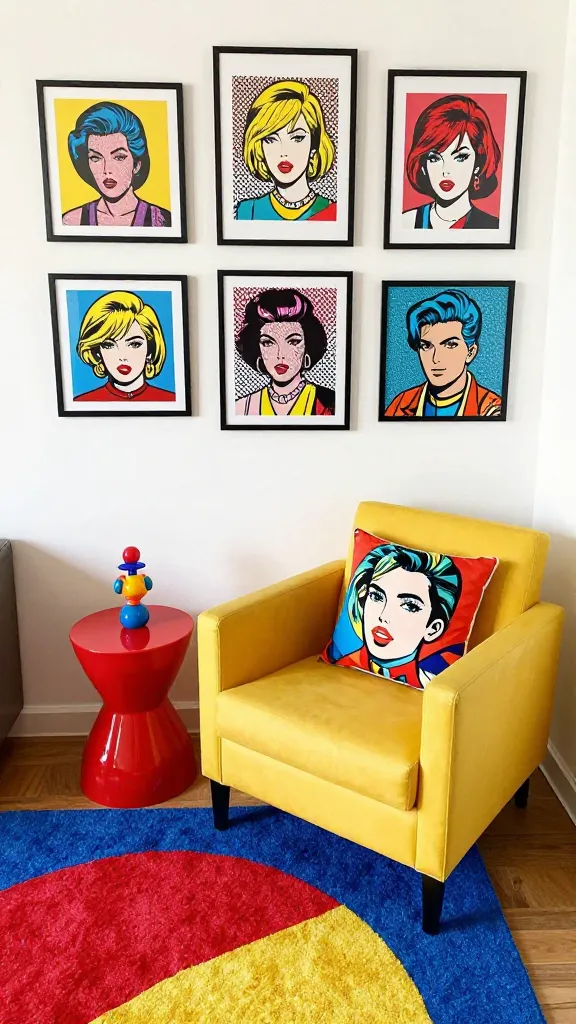 A high-angle, realistic photo capturing a vibrant and energetic pop art themed small apartment living space. The compact room is bursting with personality, featuring a bright yellow accent armchair with a bold graphic print cushion in primary colors. Adjacent to it, a glossy red cylindrical side table holds a quirky, colorful accessory. The crisp white wall behind is adorned with a curated gallery of framed art prints, strongly inspired by Lichtenstein and Warhol, showcasing comic-book style imagery and vibrant, flat colors. A graphic patterned rug in shades of red, blue, and yellow defines the seating area. The space feels meticulously styled yet budget-conscious, with clever use of color and art to maximize impact. Natural light floods the room, highlighting the playful atmosphere. No text.