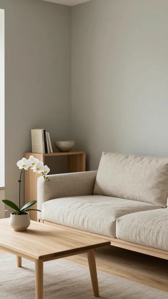 A beautifully curated, small apartment living room showcasing Zen Japandi serenity. The space is bathed in soft, natural light, emphasizing a muted color palette of warm beiges, gentle greys, and subtle sage green accents. Dominating the foreground is a compact, low-profile sofa upholstered in a textured beige linen, complemented by a minimalist light wood coffee table with clean lines. On the table, a single, delicate white orchid in a simple ceramic pot adds a touch of natural elegance. A small, light wood shelving unit against the wall holds only a few carefully selected books and a textured ceramic bowl. The walls are painted a calming greige, and the flooring is light, natural wood. Every element feels intentional and contributes to a tranquil, harmonious atmosphere, perfect for a peaceful retreat. Realistic, high-quality interior design photography, no text.