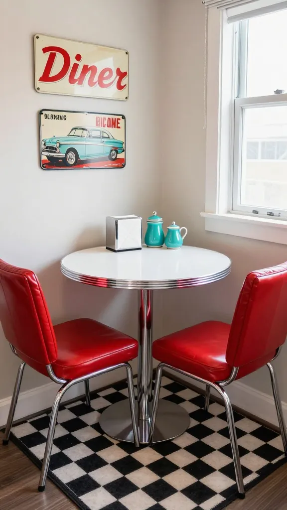 A high-quality, realistic photograph of a cozy, small apartment living/dining nook designed in a vibrant 1950s retro diner style. The focal point is a compact, round chrome-edged table with a white laminate top, paired with two shiny chrome-framed chairs upholstered in bright cherry red vinyl. Underneath the table lies a small, perfectly square black and white checkerboard rug. The light-colored wall behind the table features a couple of authentic-looking vintage metal signs, one advertising "Diner" and another with a classic car illustration. On the table, a chrome napkin dispenser and a turquoise ceramic sugar and creamer set add pops of color. Natural light streams in from a window, highlighting the reflective chrome surfaces and the rich colors. The overall atmosphere is fun, inviting, and nostalgic, showcasing clever use of space in a small apartment. Shot with a prime lens, sharp focus, natural colors, no text.