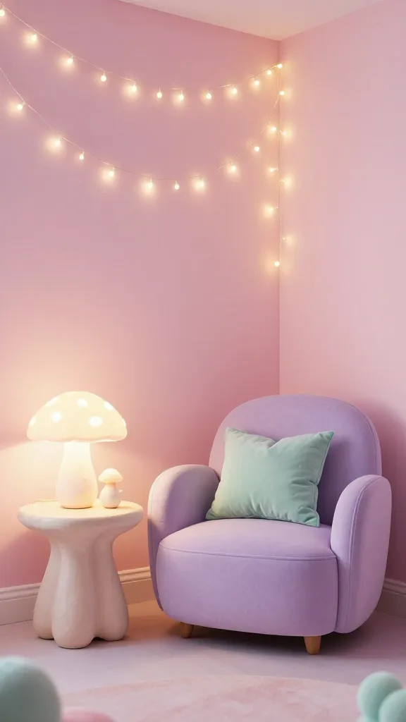 A high-quality, realistic photograph capturing a charming corner of a small apartment living space, transformed into a 'Whimsical Wonderland'. The scene is bathed in soft, diffused, dreamy lighting, with delicate strands of warm white fairy lights artfully draped across a wall painted in a gentle pastel pink. A compact, uniquely shaped armchair upholstered in pale lavender sits beside a small, organic-shaped side table. On the table, a whimsical, glowing mushroom lamp emits a soft, enchanting light, illuminating a playful, abstract sculpture. Mint green accent pillows with quirky patterns are nestled on the armchair, complementing the overall pastel palette. The atmosphere is magical, imaginative, and lighthearted, evoking fairy tales and sweet dreams. Shot with professional interior photography techniques, no text.