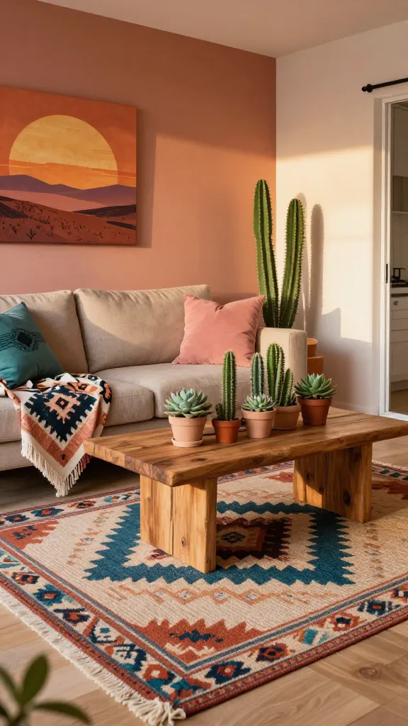 A high-quality, realistic photograph capturing a beautifully styled, budget-friendly small apartment living room with a Southwestern Sunset theme. The room is bathed in warm, soft, sun-baked natural light, creating an inviting, earthy glow. The dominant color palette features rich terracotta oranges, soft dusty pinks, and striking deep teal blues, harmoniously integrated. A prominent feature is a large, geometric patterned woven wool rug in these colors, anchoring the space on a light, natural wood floor. A comfortable, compact sofa, upholstered in a neutral, natural fabric, is draped with a textured throw blanket showcasing a similar Southwestern geometric pattern. A sturdy, rough-hewn wooden coffee table stands central, displaying a meticulously arranged small garden of various cacti and succulents in simple, earthy pots. Accent pieces include a wall art print with a desert landscape or abstract sun-baked motif, and perhaps a decorative pillow or two in a complementary dusty pink or teal. The overall aesthetic exudes rugged beauty, warmth, and the spirit of a desert landscape, demonstrating a designer-approved look for a small, budget-conscious space. No text.