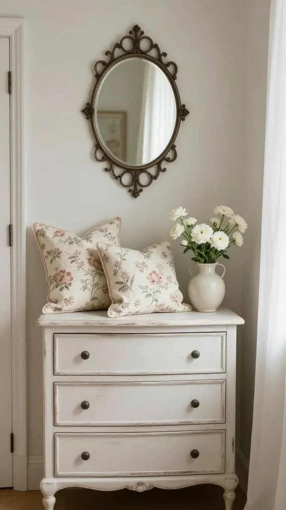 High-quality, realistic photo of a cozy corner in a small apartment, designed as a French Countryside Escape. The focal point is a beautifully distressed white wooden dresser, adorned with delicate, soft floral patterned throw pillows and a simple ceramic vase holding a few fresh white flowers. Above the dresser, a small, round mirror with an elegantly ornate wrought iron frame reflects the soft, diffused natural light streaming into the space. The overall ambiance is one of romantic, rustic elegance, blending shabby chic with provincial charm, creating a timeless and incredibly inviting atmosphere within the compact apartment.