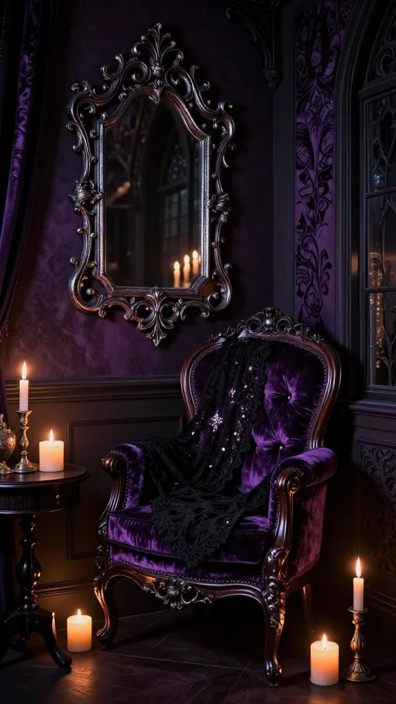 A high-quality, realistic photograph capturing a luxurious Gothic Romance nook nestled within a small apartment corner. The scene is dramatically lit by the warm, flickering glow of multiple strategically placed candles, casting soft shadows and highlighting rich textures. Deep purples and opulent blacks dominate the color palette, accented with subtle hints of silver and pewter. A dark, ornate wooden armchair, upholstered in plush velvet, is the focal point, draped with a delicate black lace throw. Above it, a large, intricately carved mirror with a distressed dark finish (suggesting a thrifted and painted piece) reflects the candlelight, adding depth. Dark, luxurious textiles with intricate patterns adorn the wall or a nearby window. A small, dark wood side table holds a lit candle and a vintage-inspired object. The atmosphere is sophisticated, moody, and undeniably captivating, showcasing dramatic elegance and mysterious luxury within a compact, well-designed space.