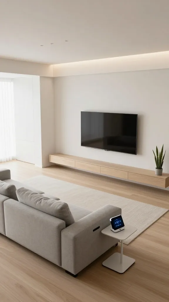 A high-angle, wide shot of a meticulously organized, tech-forward small apartment living room. The space exudes a minimalist aesthetic with clean lines and a neutral color palette of soft grays, warm whites, and light oak accents. A sleek, low-profile modular sofa in a light gray fabric is positioned against a wall, featuring integrated wireless charging pads subtly built into its armrest. Opposite, a slim, wall-mounted smart TV is centered above a floating, handleless media console that blends seamlessly into the wall, suggesting hidden storage. On a minimalist side table next to the sofa, a smart display hub subtly glows with a climate control interface. Recessed LED strip lighting illuminates the ceiling coves, casting a soft, even glow. All cables are completely concealed, and the room feels uncluttered and highly efficient, emphasizing intuitive living in a compact footprint. A single potted snake plant adds a touch of organic life. No text on images.