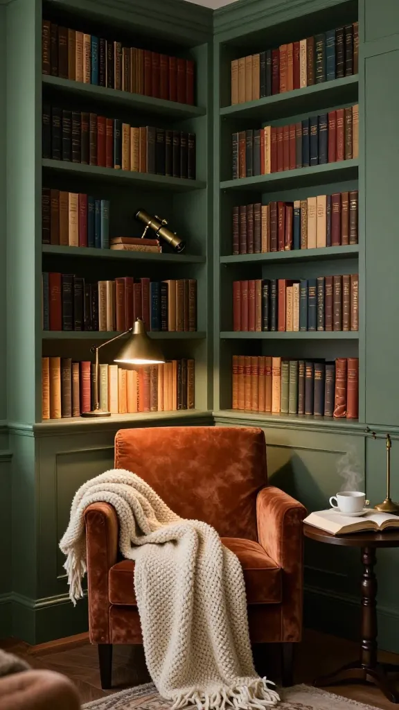 A high-quality, realistic photograph capturing a cozy, vintage-inspired library nook within a small apartment. A dedicated wall features faux built-in bookshelves, painted a sophisticated, muted forest green to seamlessly blend with the wall, giving the appearance of custom millwork. The shelves are densely packed with an eclectic collection of classic literature, interspersed with elegant, subtle decor like a small brass telescope and aged leather bookends. A plush, inviting armchair upholstered in a warm, rust-colored velvet sits centrally, draped with a soft, chunky knit cream throw blanket. To its side, a classic, dimmable bronze task lamp on a small, dark wood side table casts a warm, inviting glow, highlighting an open book and a steaming teacup. The overall ambiance is one of quiet contemplation and intellectual pursuits, demonstrating a designer-approved, budget-friendly transformation of a small space. The lighting is soft and atmospheric, creating a sense of intimate comfort. No text.