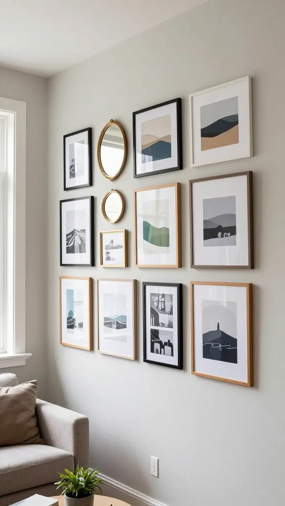A high-quality, realistic photo of a thoughtfully curated gallery wall in a small, budget-friendly apartment's living room. The dynamic gallery wall, spanning a light greige wall, features an eclectic collection of framed art prints (some abstract, some minimalist landscapes), personal black and white photographs, and a few small, decorative mirrors (e.g., a round one, a geometric one). Frame styles vary significantly, including sleek modern black, vintage gold, and natural wood, in a range of sizes from small to medium, arranged in a visually balanced yet organic pattern. The artwork within the frames shares a cohesive color palette of muted blues, soft greens, and warm earth tones, tying the diverse pieces together. Bright natural light streams in from a window to the left, highlighting the textures and details. A corner of a simple, modern sofa in a neutral tone and a small, budget-friendly side table with a single potted plant are subtly visible in the foreground, indicating a compact yet stylish living space.
