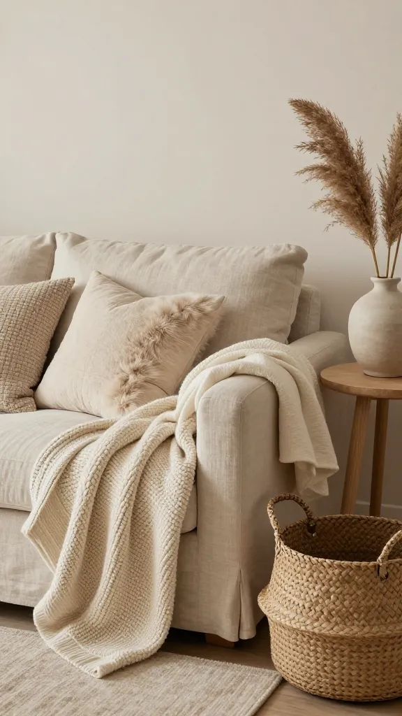 A high-quality, realistic photo capturing a serene and sophisticated corner within a small apartment living room. The focal point is a plush, inviting linen sofa in a soft cream hue, adorned with multiple layered throw blankets: a chunky knit cream throw, a luxurious light beige faux fur throw, and a soft off-white cotton throw, all artfully draped. Textured throw pillows in various neutral tones (ribbed, woven) add subtle depth. Adjacent to the sofa stands a minimalist side table crafted from light natural wood, holding a simple ceramic vase with delicate dried pampas grass. A large, intricately woven natural fiber basket sits on the floor beside the sofa, adding another organic texture. Soft, warm ambient light illuminates the space, highlighting the rich interplay of textures within the monochromatic neutral palette of creams, beiges, and natural wood, creating a cozy, elegant, and luxurious feel.