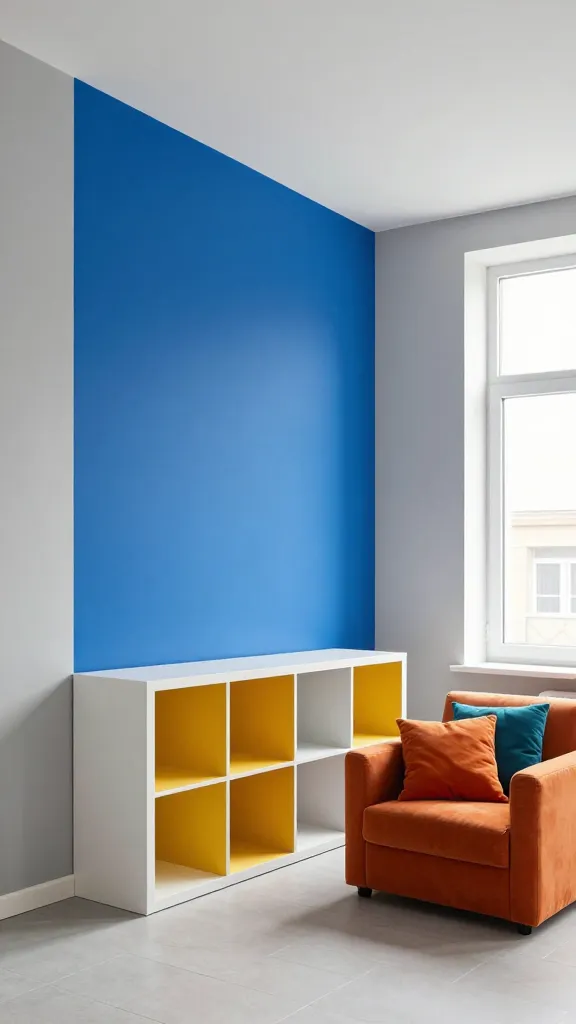 Realistic, high-quality photo of a modern, adult playroom in a small, open-concept apartment. A bold, geometric block of vibrant electric blue paint covers a significant portion of a light grey wall, extending from floor to ceiling, creating a dynamic visual anchor. Adjacent to this, a sleek, minimalist open-shelf white bookcase has its interior shelves painted in a contrasting, vibrant mustard yellow. In front, a low-profile, comfortable armchair is adorned with solid-colored cushions in complementary orange and teal hues, inviting relaxation. The space feels playful yet sophisticated, with clean lines and abundant natural light streaming in from a large window, showcasing how strategic color blocking defines areas and adds an unexpected pop in a budget-friendly, designer-approved way. Shot with a wide-angle lens, sharp focus, natural lighting. No text.