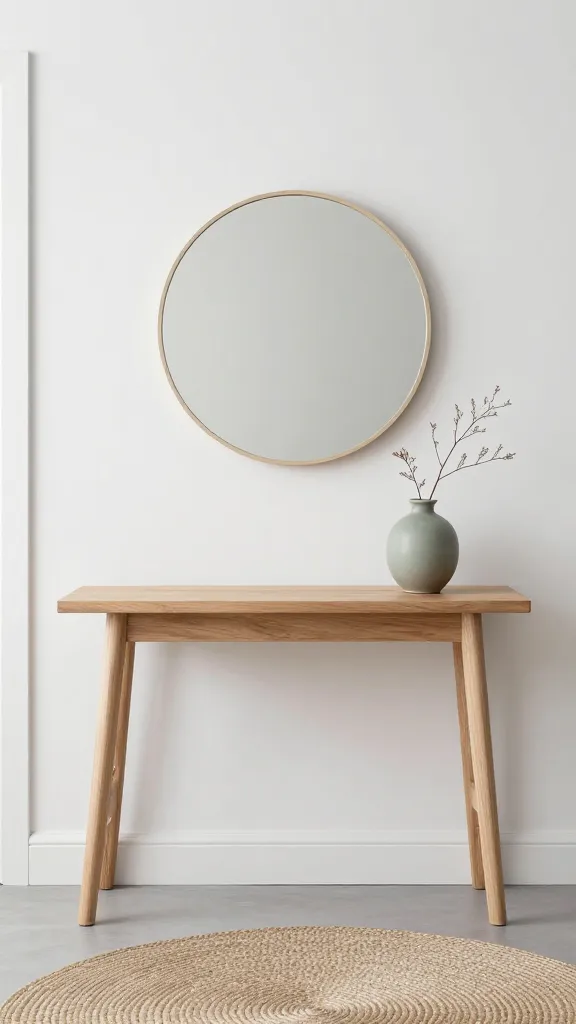 A high-quality, realistic photograph of a serene Scandinavian entryway, bathed in soft, natural light, creating an airy and welcoming atmosphere. A slim, light-toned wooden console table, possibly light oak or birch, stands against a crisp white wall. Centered above the console is a minimalist round mirror with an ultra-thin, almost invisible light-colored frame. On the floor, a round woven jute rug partially extends from beneath the console table, adding organic texture. Adorning the console, a simple, matte ceramic vase in a subtle sage green hue holds a single delicate dried branch. The overall aesthetic emphasizes clean lines, natural materials, and a calming palette of crisp whites, soft greys, and warm wood tones. No text.