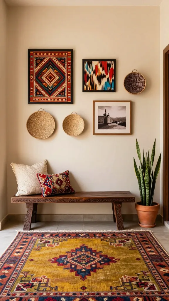 A high-quality, realistic photograph capturing an inviting bohemian entryway, bathed in soft, natural light. The focal point is a low, intricately carved dark wooden bench positioned against a warm, creamy beige wall. Above the bench, a thoughtfully curated gallery wall features a mix of items: two framed, vibrant fabric swatches (one geometric mudcloth pattern, one abstract ikat print), three small, round woven baskets of varying sizes and intricate patterns, and two sepia-toned travel photographs in simple wooden frames. On the floor, a richly patterned Kilim rug in shades of terracotta, mustard yellow, and olive green, with subtle pops of deep ruby red and sapphire blue, anchors the space. A textured cream throw pillow and a smaller, embroidered jewel-toned cushion adorn the bench, hinting at far-off travels. To one side of the bench, a terracotta pot holds a lush, green snake plant, adding a touch of natural life and an earthy tone. The overall aesthetic is effortlessly chic, layered with global finds, and evokes a strong sense of wanderlust. No text.