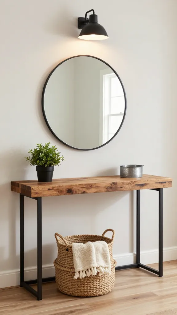 A high-quality, realistic photo of a modern farmhouse entryway with industrial touches. The focal point is a sturdy console table crafted from warm, distressed reclaimed wood, featuring sleek matte black metal legs, positioned against a clean, light off-white wall. Centered above the console, a large, round mirror with a slim black metal frame reflects soft, natural light entering the space. Above the mirror, a simple matte black barn light fixture provides a warm, inviting glow. Underneath the console table, a large, natural woven basket with visible texture holds a neatly folded, cream-colored throw blanket, adding coziness. On the console surface, a small, matte black potted green plant sits beside a minimalist galvanized metal decorative accent. The flooring is light-toned, wide-plank wood, complementing the rustic warmth. The overall aesthetic is sophisticated and utterly welcoming, blending clean contemporary lines with rustic charm and subtle urban edge.