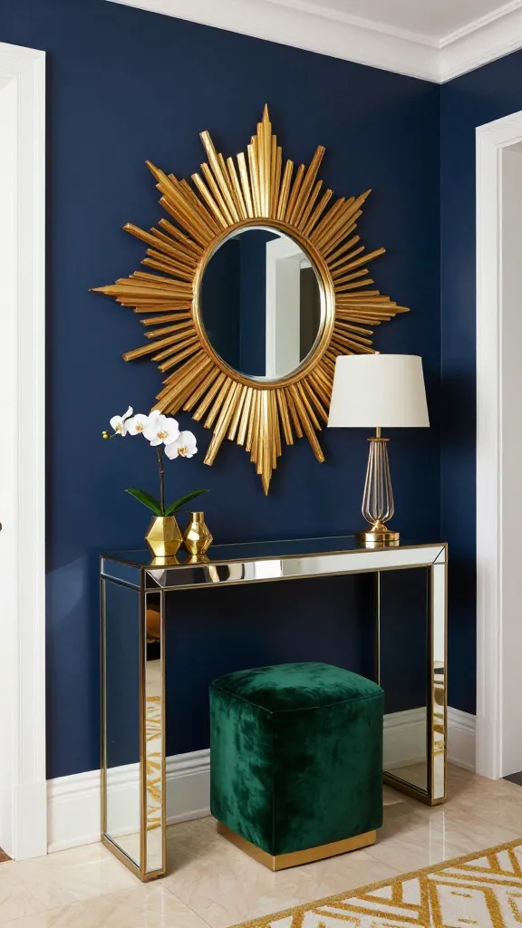 A professional interior design photograph capturing an Art Deco glam entryway. The scene features a deep navy blue accent wall, against which a sleek, small mirrored console table is positioned. Above the console, a magnificent sunburst mirror with a shimmering gold frame is prominently displayed. To the side of the console, a luxurious emerald green velvet pouf adds a rich pop of color and texture. The console is styled with a few brass decorative objects, such as a small geometric vase holding a single white orchid, and a vintage-inspired table lamp with a crisp cream shade. The flooring is light, possibly a cream marble or a subtle geometric patterned rug in gold and cream tones. The overall aesthetic exudes Gatsby-esque sophistication and old-world Hollywood charm, with reflective surfaces and crisp white elements balancing the dramatic navy and gold. Soft, inviting light fills the space.