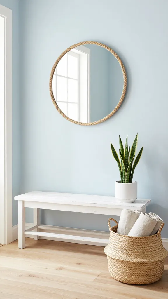 A high-resolution, realistic wide shot of an effortlessly chic coastal-themed entryway. A distressed white wooden bench is centered against a soft sky-blue wall, bathed in bright, diffused natural light. Above the bench hangs a large, round mirror framed with thick, natural rope, reflecting the airy space. To one side of the bench, a tall, hand-woven seagrass basket sits on light natural wood flooring, containing neatly rolled light beige linen throws. A small, vibrant green snake plant in a simple white ceramic pot rests on the bench, adding a touch of natural life. The scene emphasizes crisp whites, soft blues, sandy beiges, and natural textures, creating a tranquil and inviting atmosphere. No text.
