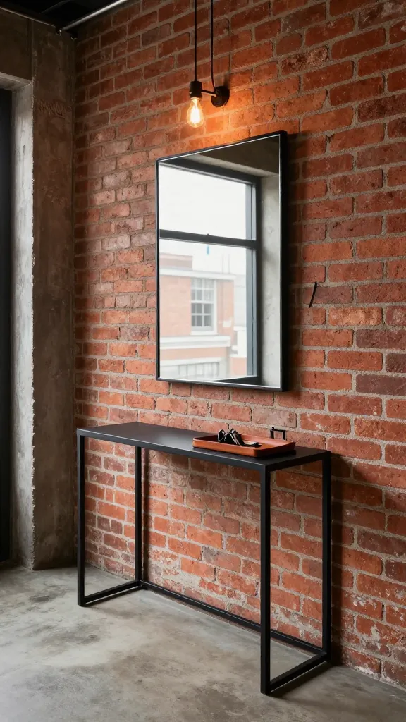 A high-quality, realistic photo of an industrial loft entryway. The main wall features exposed brick in warm, rich red tones, complemented by a polished concrete floor in a gritty grey. A sleek, minimalist black metal console table stands against the brick wall. On the console, a small, square tray made of rich cognac leather holds a few keys and a minimalist black metal key hook. Above the console, a large, rectangular unframed mirror with a thin black frame is mounted, reflecting the urban loft space. An industrial-style pendant light with an exposed Edison-style filament bulb hangs from the ceiling, casting a warm, inviting glow. The overall aesthetic is effortlessly chic, embracing raw materials, exposed elements, and a no-nonsense design that feels surprisingly warm and welcoming. Natural light streams in from an unseen window, highlighting textures. No text on image.