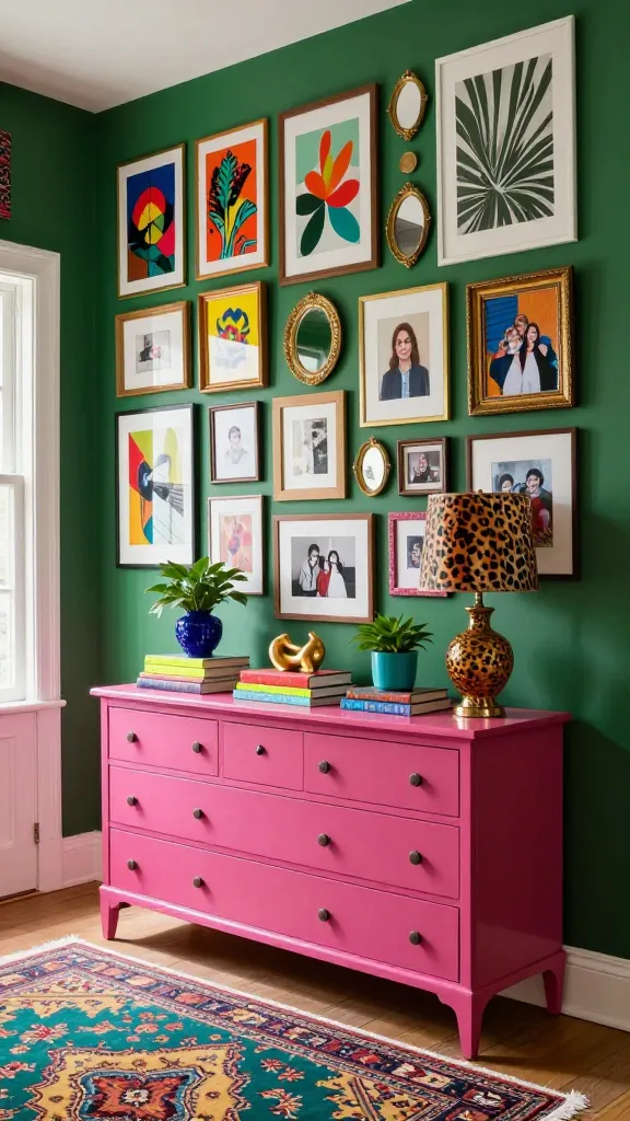A high-quality, realistic photo of a maximalist entryway. The focal point is a vintage wooden dresser, painted a vibrant fuchsia, serving as a console table against a deep emerald green wall. Above the dresser, a dense, floor-to-ceiling gallery wall overflows with a curated mix of art prints (abstract, pop art, botanical), various sized framed family photos (some black and white, some color), small decorative mirrors, and quirky framed textiles. The frames are varied in material and color, including gold, natural wood, and bright primary hues, with some slightly overlapping to create a sense of bohemian abundance. On the fuchsia dresser, a stack of colorful coffee table books, a gold sculptural object, a small potted plant in a bright teal ceramic pot, and a unique table lamp with a patterned lampshade (e.g., leopard print) are arranged. A richly patterned vintage Persian rug in jewel tones (teal, gold, deep red) covers a portion of the floor. Subtle pops of neon yellow are visible on a book spine, and a small primary blue ceramic vase sits on the dresser. Natural light streams in from a nearby window, illuminating the vibrant scene with soft highlights and shadows. No text.