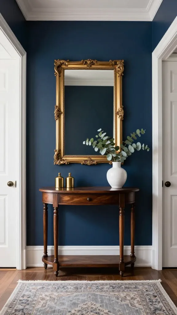 A high-quality, realistic photograph of a sophisticated and welcoming entryway, designed in a classic traditional style with a modern twist. The main wall is painted an elegant Navy Blue, beautifully contrasted by crisp White trim and door details. Centered against this wall stands a classic demilune console table crafted from dark wood, with a subtly polished finish. Above the console, a large, ornate gold-framed mirror reflects the soft, ambient light, adding a touch of timeless grandeur. On the console, a pair of polished brass decorative objects flank a simple, modern white ceramic vase holding a few fresh green eucalyptus sprigs, introducing a contemporary lightness. The floor is adorned with a traditional Persian-style rug in muted tones of soft grey and warm taupe, grounding the space with subtle pattern. The overall lighting is soft and inviting, highlighting the textures and colors. The shot is composed from a slightly wide angle, showcasing the elegant balance and effortlessly chic feel of the entryway.