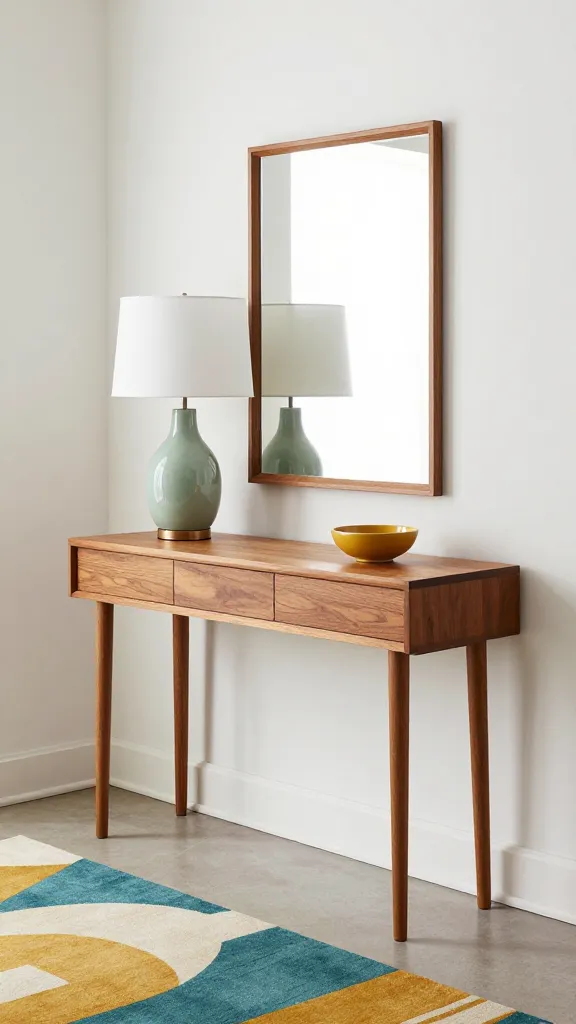 A professional, high-quality interior design photograph of a chic Mid-Century Modern entryway. The scene features a sleek, tapered-leg console table crafted from warm teak wood, positioned against a clean white wall. Above the console, a large, simple rectangular mirror with a thin teak wood frame reflects natural light. On the console table, a unique table lamp with an organic-shaped avocado green ceramic base and a clean white drum shade provides a soft glow. A small, minimalist mustard yellow ceramic bowl sits next to it. On the floor, a graphic print rug with a bold geometric pattern in shades of teal, mustard yellow, and cream anchors the space. The overall aesthetic is clean, functional, and exudes retro charm, with crisp lines and subtle organic shapes. Soft, natural light illuminates the space, creating an inviting and sophisticated atmosphere.