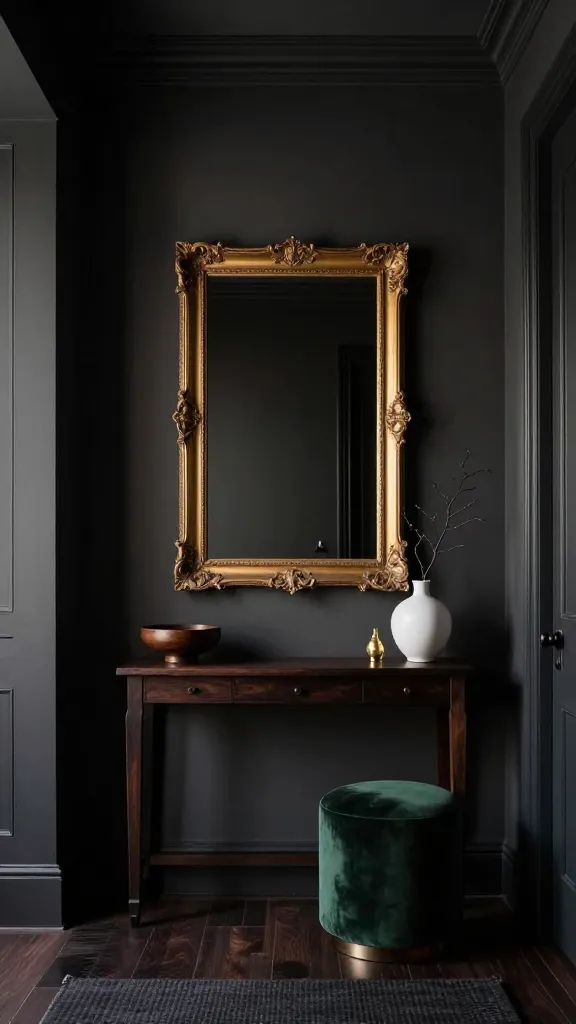 A high-quality, realistic photograph capturing a sophisticated and dramatic entryway designed with dark and moody elegance. The walls are painted in a deep charcoal grey, creating an intimate and enveloping atmosphere. A sleek, dark wood console table stands against the wall, its surface featuring carefully curated accents. Centered above the console is a large, ornate gold-framed mirror, reflecting the subtle, warm light. On the console, a small, polished dark wood decorative bowl, a minimalist white ceramic vase holding a single, slender dark branch, and a small, gold-finished decorative object are artfully arranged. A small, round ottoman upholstered in deep forest green velvet is subtly placed beside the console, adding a touch of texture and color. The floor is a dark polished wood, partially covered by a subtle, dark-toned woven rug. Soft, diffused lighting enhances the dramatic mood, casting gentle shadows and highlighting textures. No text on images.