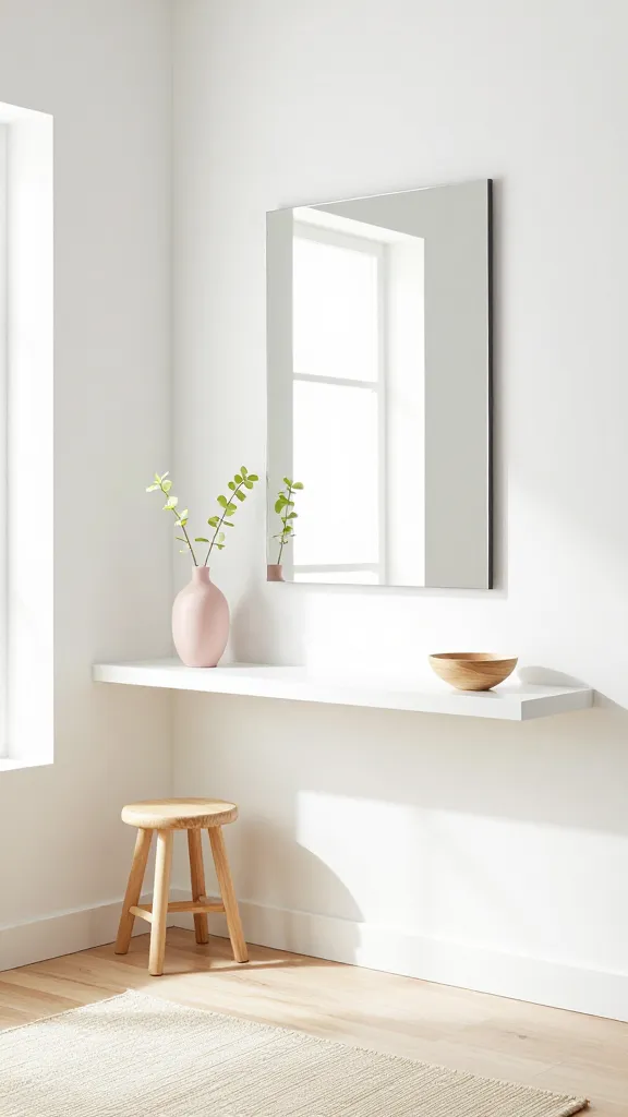 A bright and airy entryway bathed in abundant natural light, creating an expansive and uplifting atmosphere. The walls are crisp white, complemented by a slim, minimalist white floating shelf mounted on the wall. Above the shelf, a very large, frameless rectangular mirror reflects the light and expands the space. On the shelf, there's minimal clutter: a delicate blush pink ceramic vase holding a single light green sprig, and a small, light natural wood decorative bowl. The flooring is a light natural wood, partially covered by a subtly textured cream-colored woven rug. A small, light natural wood stool is positioned beneath the shelf. The overall aesthetic is effortlessly chic, clean, and modern. High-quality, realistic photo, no text.