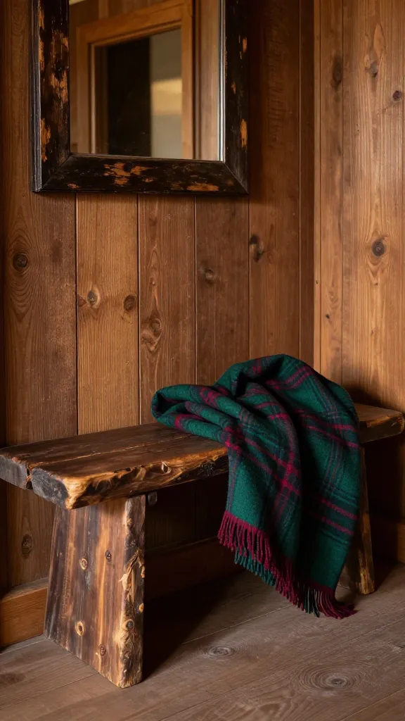 A close-up, eye-level, high-quality photograph of a rustic cabin entryway, exuding cozy, rugged charm. A chunky, reclaimed dark wood bench, featuring natural knots and imperfections, sits against a wall paneled with warm, distressed oak. Draped casually over one end of the bench is a thick, folded plaid woolen blanket in deep hunter green and rich cranberry red. Above the bench, a large, rectangular mirror with a heavily distressed, dark brown wood frame reflects a hint of soft, warm interior lighting. The floor is made of wide, matte-finished wood planks in a medium brown tone. The scene is bathed in soft, inviting light, highlighting the natural textures and earthy color palette of deep greens, warm wood tones, and subtle accents of deep red. No text.