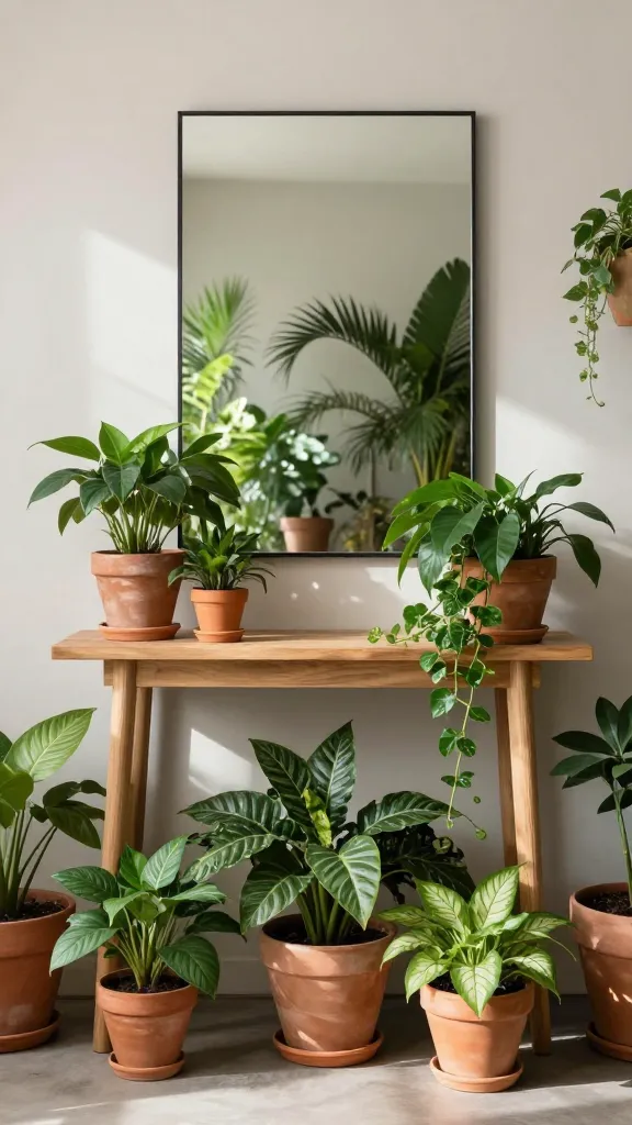 A high-quality, realistic photograph of a chic, budget-friendly entryway transformed into an urban jungle sanctuary. A simple, light natural wood console table is centered against a clean, light neutral wall. Above the console hangs a large, frameless rectangular mirror, reflecting the lush greenery and natural light. The console table is adorned with several vibrant green potted plants of varying sizes and leaf types, including a trailing plant cascading over the edge. More lush, diverse foliage plants in earthy terracotta pots of different shapes and sizes are arranged on the floor beside and beneath the table, creating a dense, organic display. Soft, natural daylight streams in, illuminating the scene and highlighting the rich textures of the varied green leaves, the warm wood, and the earthy terracotta. The overall atmosphere is serene, refreshing, and effortlessly chic, emphasizing a deep connection with nature. No text.