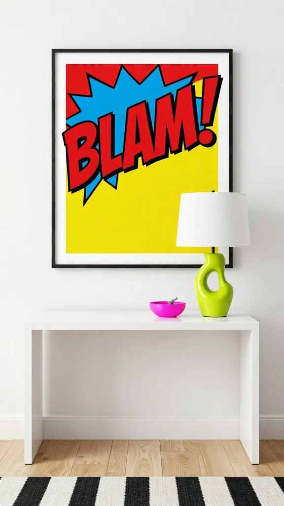 A high-quality, realistic photo of a playfully chic entryway, bursting with a pop art punch. A sleek, minimalist white lacquer console table stands against a crisp white wall. Above the console, a large, bold Lichtenstein-inspired pop art print dominates the space, depicting a vibrant comic book "BLAM!" in bright red, electric blue, and sunny yellow, framed in a thin black border. On the console, a quirky, sculptural lamp features an unexpected lime green abstract base and a simple white drum shade. A small, round neon pink decorative bowl rests near the lamp, holding a single key. The light wood floor is partially covered by a small, high-contrast black and white striped area rug, grounding the energetic space. The overall aesthetic is witty, vibrant, and effortlessly modern, with no text visible.