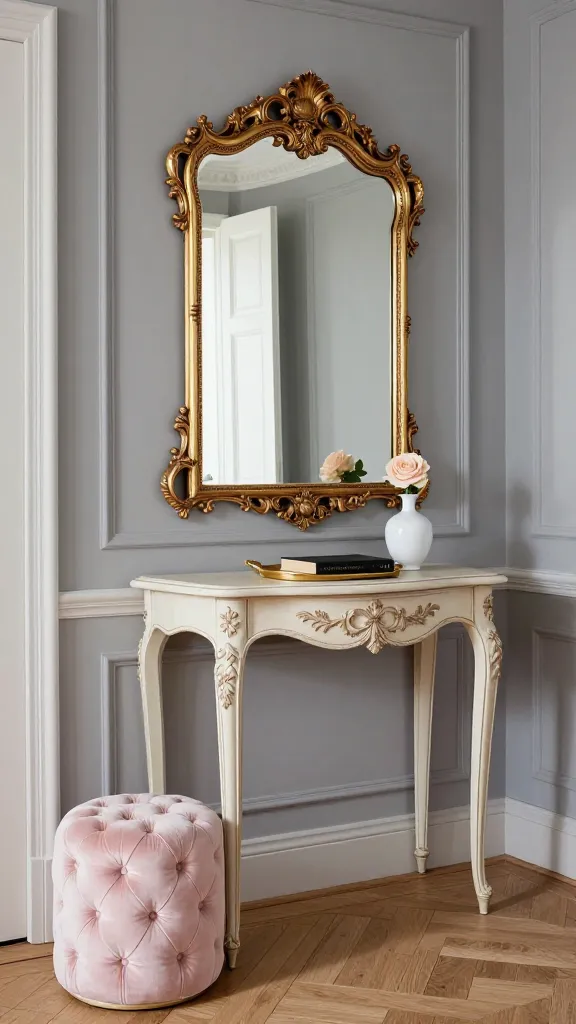 A high-quality, realistic photograph capturing a sophisticated Parisian chic entryway. The scene features a delicate, ornate vintage console table with slender legs, painted in a soft cream, positioned against a refined grey wall. Above it, a large, ornate gold-framed mirror leans elegantly against the wall, reflecting soft natural light. To one side of the console, a small, round tufted velvet pouf in a subtle blush pink adds a touch of romanticism. On the console table, a small antique gold tray holds a classic black-bound book and a delicate white ceramic vase with a single fresh blush pink rose. The floor is a classic light oak parquet. The overall atmosphere is one of understated luxury, timeless elegance, and subtle glamour, with a color palette dominated by refined greys, soft creams, classic black accents, and antique gold details, with a gentle pop of blush pink. No text.